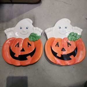 2 Vintage VTG Ghost Pumpkin Ceramic Plates Set Halloween Fall October Decor EUC